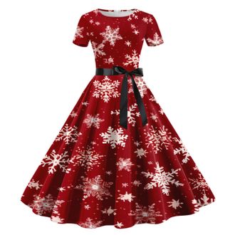 Generic Christmas Dress for Women High Waist Tunic Dress Midi Christmas Dresses for Women 2025 School Skirt 1950s Retro Short Sleeve Spaghetti Strap Evening P