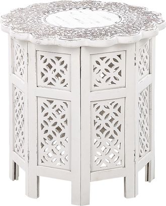Beliani Beliani - Mesa Auxiliar De Madera De Mango Blanco Crema Gris Madera Clara 44 Cm Tallado Badhi