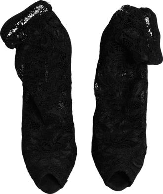 Dolce & Gabbana Womens Black Lace Stretch Heels Mid Calf Boots Shoes Nylon Elastane Viscose