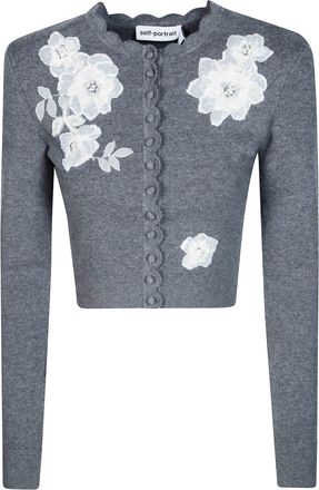 Self Portrait Grey Lace Applique Cropped Cardigan