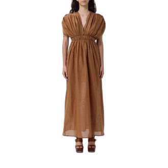 120% Lino Maxi-jurk met geplooide V-hals - Dames - Jurken - Bruin - Maat: L Katoen