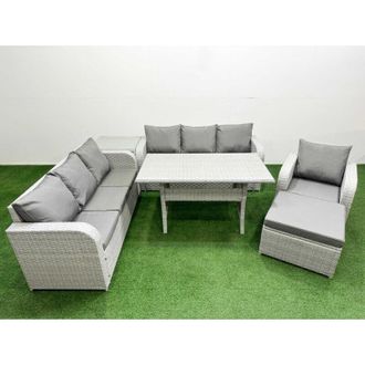 Fimous 8 Seater Poly Rattan Outdoor Garden Furniture Rectangular Dining Table Sofa Set Patio 3 Seater Sofa Reclining Chair 3 Seater Sofa Big Footstool Light