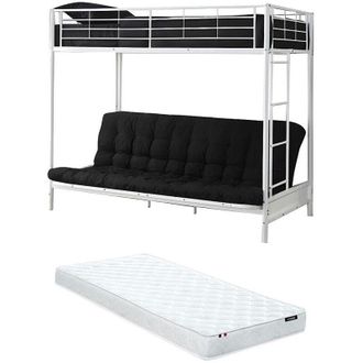 Vente-Unique Letto a soppalco 90 x 190 cm con divano letto Metallo Bianco + Futon + Materasso - modulo v