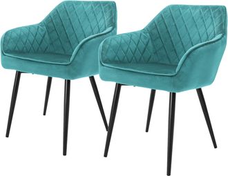 ML Design Set 2x Sillas De Comedor Azul Turquesa, Petr&oacute;leo Moderno Asiento Tapizado Aspecto De Terciopelo Patas De Metal Negras Con Respaldo Y Apoyabrazos Sill&oacute;