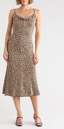 Loveappella Leopard Print Cross Back Midi Slipdress in Tan Multi at Nordstrom Rack, Size X-Large