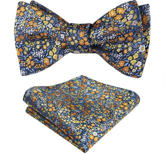Alizeal Mens Floral Self Tied Bow Tie and Pocket Square for Wedding Party Business Tie Set, Blue+Orange+Yellow