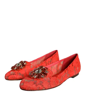 Dolce & Gabbana Womens Lace Crystal-Embellished Flat Red Viscose Cotton Nylon
