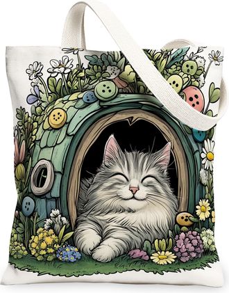 Generic Spring Siberian Cat Canvas Tote Bag for Shopping 13x15, Fun Flower Kitten House Reusable Grocery Print Pattern Bag for Women, Cute Pet Beach Aesthetic
