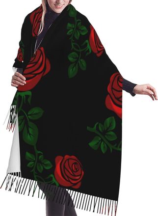 Generic Women Scarf,Red Rose Floral Black Pattern Soft Large Long Shawl Wrap Winter Warm Scarf With Tassel