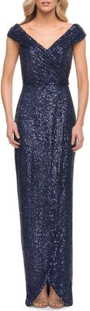 La Femme Sequin Long Evening Dress with Ruching and V Neck in Navy at Nordstrom, Size 18