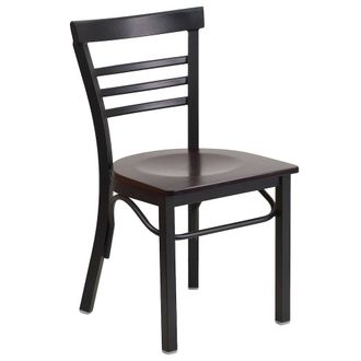 Flash Furniture Black Three-Slat Ladder Back Metal Restaurant Chair - Walnut Wood Seat