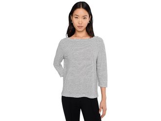 Eileen Fisher Striped Organic Linen Jersey Bateau Neck 3/4 Sleeve Top Womens Clothing White Black : XL
