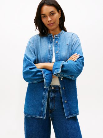 Tommy Hilfiger Jeansbluse TOMMY HILFIGER DNM GLOW STAND-COLLAR SHIRT LS, Damen, Gr. 34, glow, Denim/Jeans, Obermaterial: 78% Baumwolle, 22% Lyocell, unifarben, h&uuml;ftb