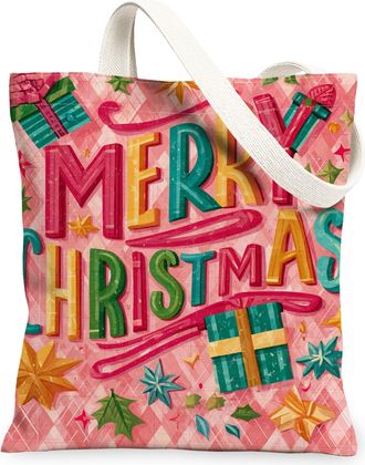 Generic Christmas Canvas Tote Bags, Holiday Gift Design Reusable Grocery Bags, Colorful Lightweight Washable Shoulder Strap Canvas, Peach, 13x15 Inch