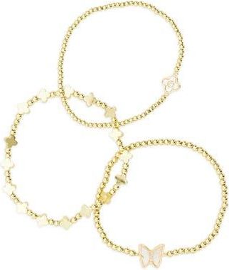 Eye Candy Los Angeles Calista Set of 3 Beaded Pav&eacute; Butterfly & Clover Bracelets in Gold at Nordstrom Rack
