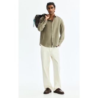 H&M Slim fit linen shirt in Khaki Green at Nordstrom, Size Xx-Large
