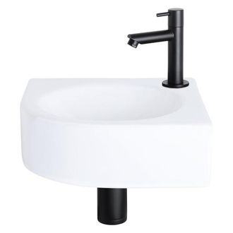 Differnz Cleo fonteinset - 30x30x10cm - Kwartrond - 1 kraangat - Recht matte zwarte kraan - Keramiek Wit