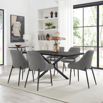 Furniturebox Leonardo Black Top Dining Table & 6 Beaumont Fabric Chairs in Grey