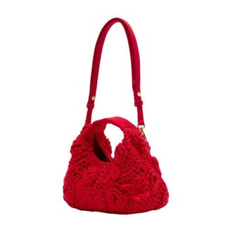 Ganni Womens Crocheted Cotton Shoulder Bag Red