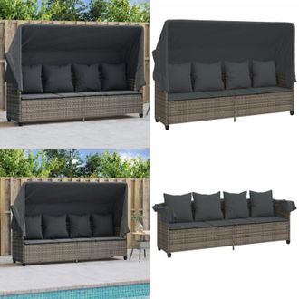 vidaXL Lettino Prendisole con Baldacchino e Cuscini Grigio Polyrattan - Lettino da esterno - Cuscino da seduta