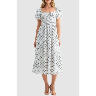 Lush Polka Dot Smocked Midi Dress in Cream Dot at Nordstrom Rack, Size X-Small