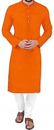 Generic TFGO Orange Kurta & White Pajama Wedding Suit Set for Men, Indian Wear Ethnic Kurta Long Cotton Mens Dress Party Pajama (as8, Alpha, 3X_l, Regular, Re