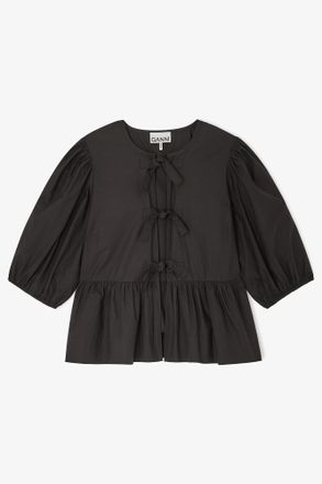Ganni Black Cotton Poplin Peplum Tie Blouse - Size 32 Organic