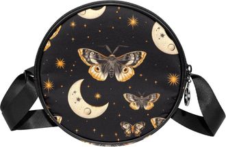 Generic Circle Crossbody Bag for Women, Butterflies Moth Moo Small Sling Bag Daypack with Zipper Adjustable Shoulder Straps Casual Ladies Girls Round Purse
