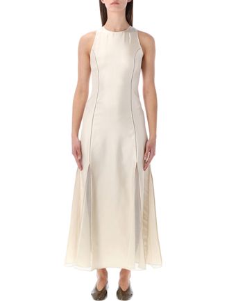 Loulou Studio Iraka Silk Twill Midi Dress with Sheer Tulle Inserts