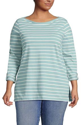 Lands End Supima Cotton Adjustable 3/4 Sleeve Boatneck Tunic in Misty Aqua/ivory Breton Stripe at Nordstrom, Size 1X