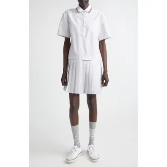 Thom Browne Stripe Pleated Cotton Polo Shirtdress in Med Grey at Nordstrom, Size 10 Us
