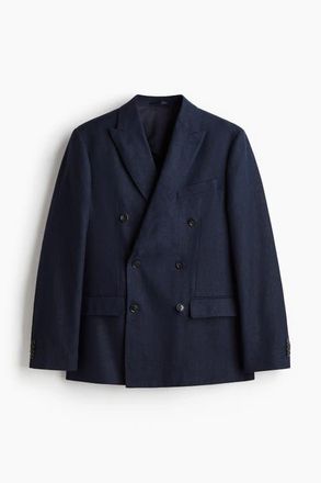H&M Relaxed Fit Double-breasted Linen-blend Jacket in Navy Blue at Nordstrom, Size 46