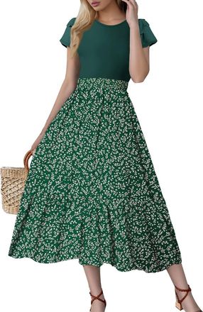 Generic Midi Dresses for Women UK, Womens Summer Flowy Tiered Midi Dress Floral Print Ruffle Petal Short Sleeve Crew Neck Casual High Waist A Line Beach Long 