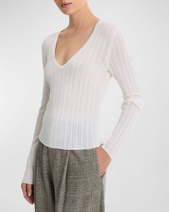 Vince Pointelle Stitch Wool-Blend V-Neck Top