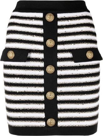 Balmain Button Embellished Stripe Mini Skirt, Brand Size 40 (US Size 8)