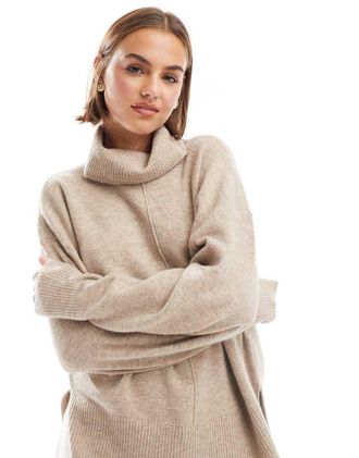 Pieces roll neck sweater with seam detail front in beige-Neutral