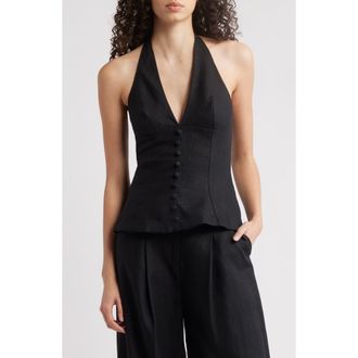 Faithfull The Brand Marie Linen Halter Top in Black at Nordstrom Rack, Size Medium