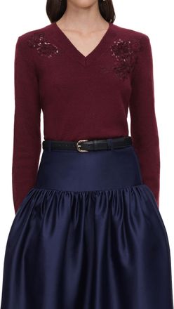 Self Portrait Burgundy Knit Sweater with Deep V-Neckline and Floral Embellishments