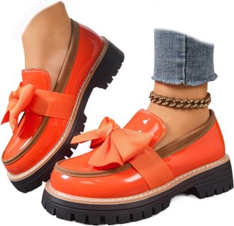 Generic Womens Patent Bowknot Thick Sole Loafers - Platform Round Toe Slip-On Shoes, Chunky Heel Non-Slip Loafers for Women for Office Business Work Everyday 