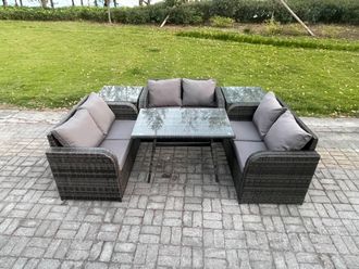 Fimous Rattan Garden Furniture Set 6 Seater Patio Outdoor Love Sofa Set with Rectangular Dining Table 2 Side Tables in Dark Grey