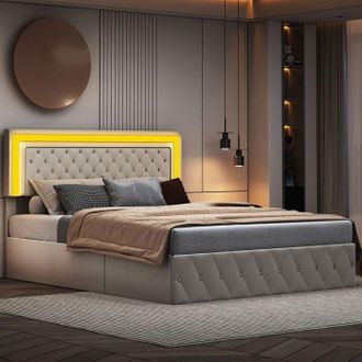 OEM Cama Con Almacenamiento 160x200 Cm - 231220dzw - Led Integrada - Hidr&aacute;ulica Con Cofre - Recubrimiento De Terciopelo Beige