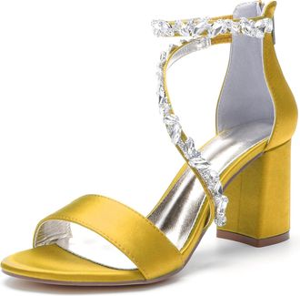 Generic Womens Rhinestones Bridal Heels 8Cm Chunky Block Heels Ankle Strap Wedding Party Prom Dressy Sandals with Back Zipper,Yellow,10 UK