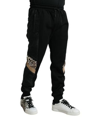 Dolce & Gabbana Mens Leopard-Panel Stretch Joggers Black Polyester Cotton Nylon