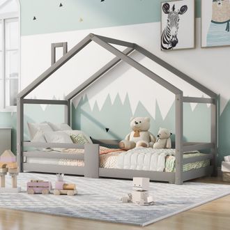 Merax Letto A Castello Per Bambini 90 X 200 Cm Legno Massello Di Pino Bianco Con Rete E Barriera - Colore Grigio