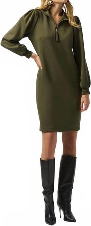Joseph Ribkoff Zipped Collared Long Puff Sleeves Shift Dress In Khaki