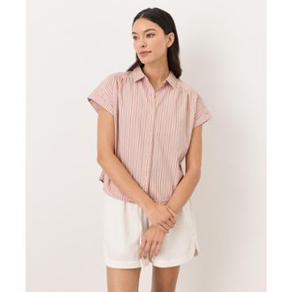 Pact Organic Cotton All Day Poplin Shirred Shirt in Berkley Stripe Blush at Nordstrom, Size Xx-Large