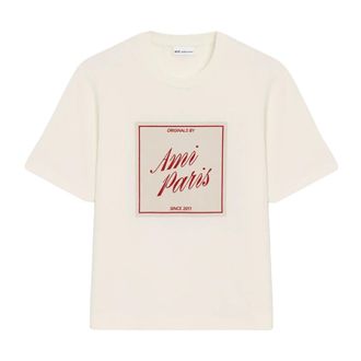 Ami T-Shirts, female, Beige, Size: L Boxy Fit Short Sleeve T-Shirt with Signature Print