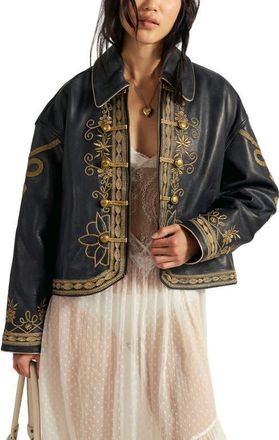 Free People Lana Embroidered Leather Jacket in Black at Nordstrom, Size Medium