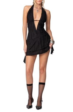 Edikted Shredded Open Back Plunge Minidress in Black at Nordstrom, Size X-Small