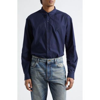 Balmain Monogram Embroidery Cotton Button-Down Shirt in Marine at Nordstrom, Size 40 Us
